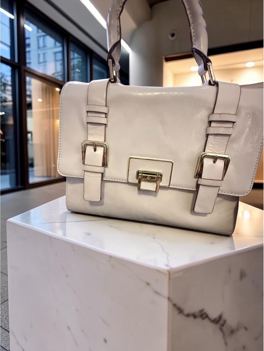 Antonio Melani Cream Patent Structured Satchel Handbag Gold Hardware Top Handle